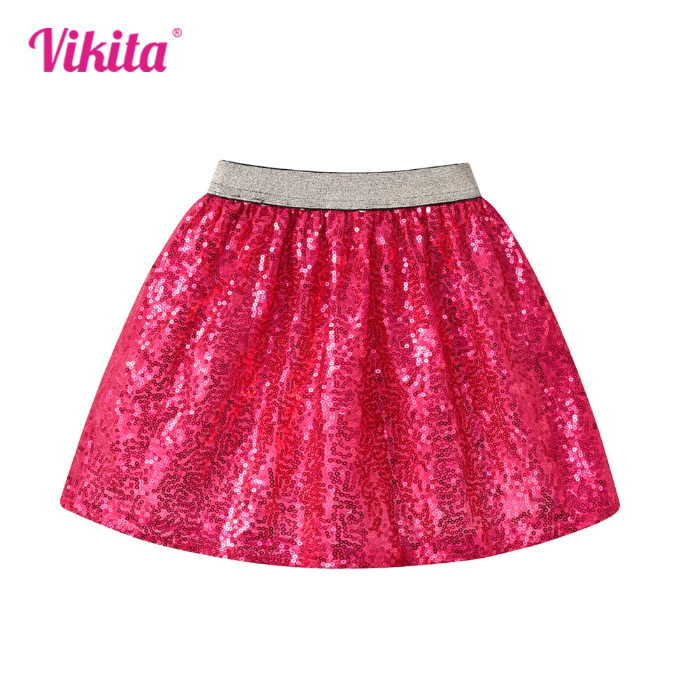 VIKITA Girls Sequined Appliqued Skirts Kids Red Performance Stage Birthday Party Prom Gown Princess Mini Skirt Children Clothing