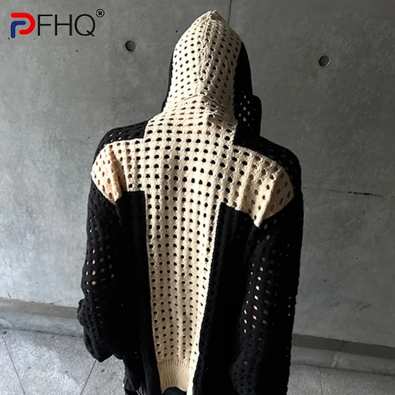 PFHQ Hollow Woolen Hooded Loose Fitting Sweatshirt Zipper Jacket Autumn Winter 2024 Contrast Color Male Tops Fashion 21Z5905