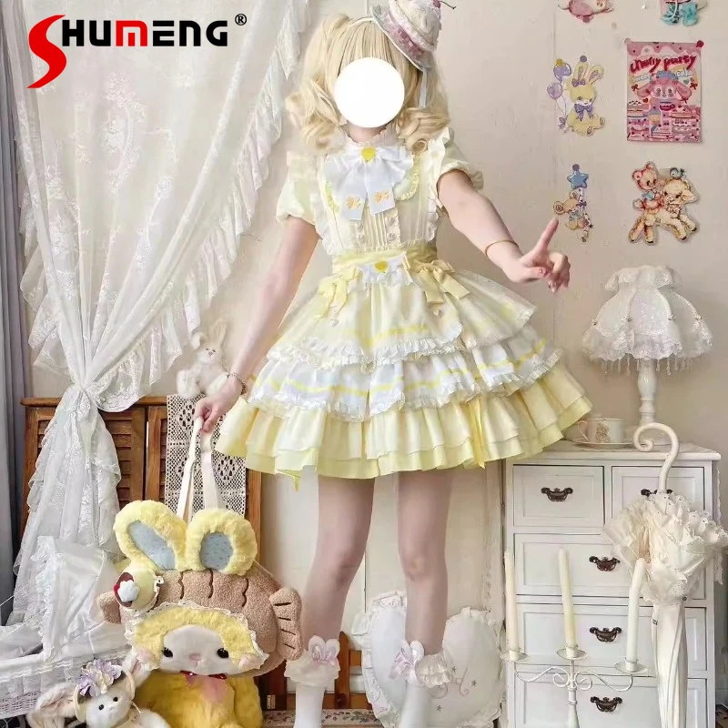 

Оригинальное японское желтое платье в стиле Лолита для девочек, летнее, новое, милое, повседневное, в стиле Y2K, для дня рождения, вечеринки, Vestidos