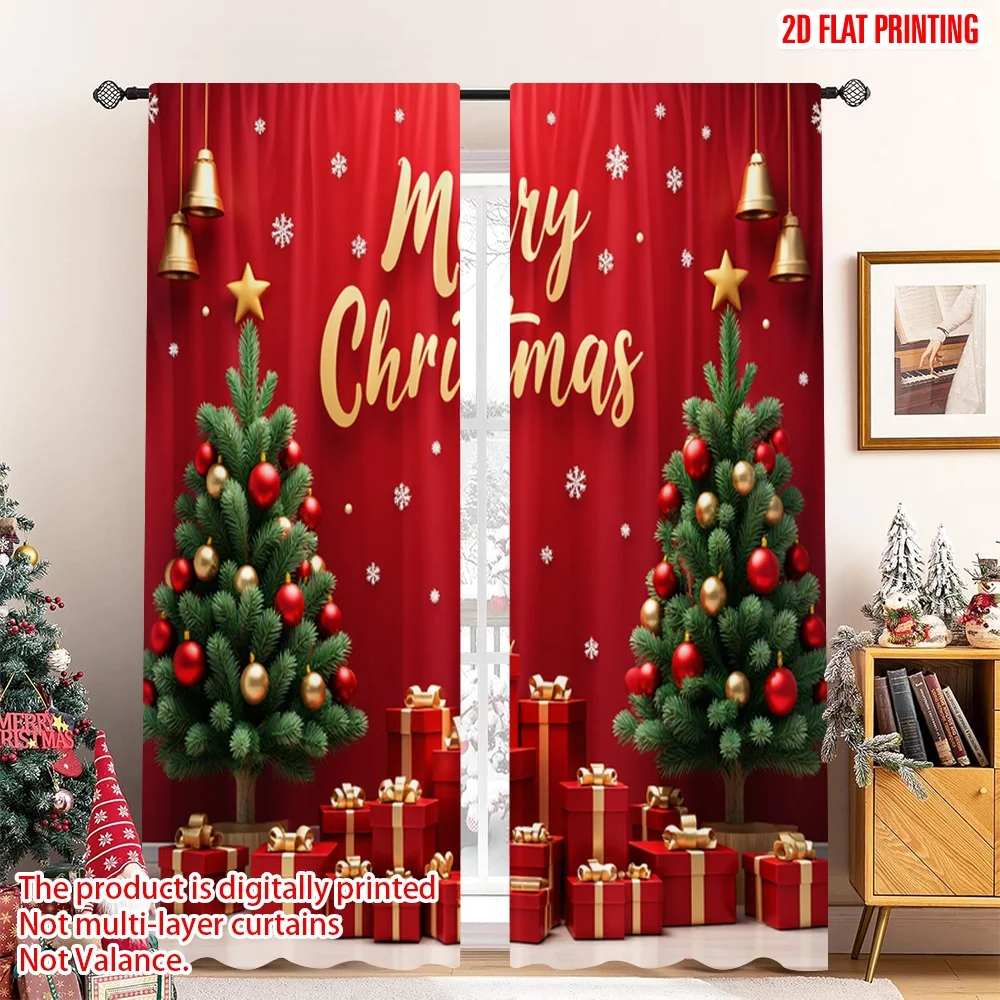 

2pcs 2D flat printing Merry Christmas Popular Drapes Christmas Tree Gifts Snow_a Polyester Without Electricity Festive Curtains