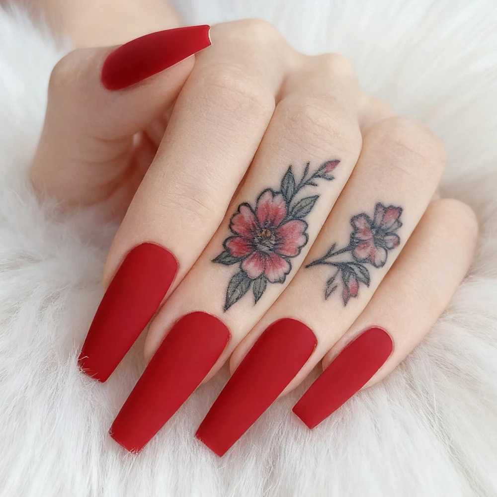 24개 무광 레드 프레스온 네일 (접착제 포함) 짧은 관 모양 손톱 팁 DIY 아크릴 인조 손톱 여성용 매니큐어 도구