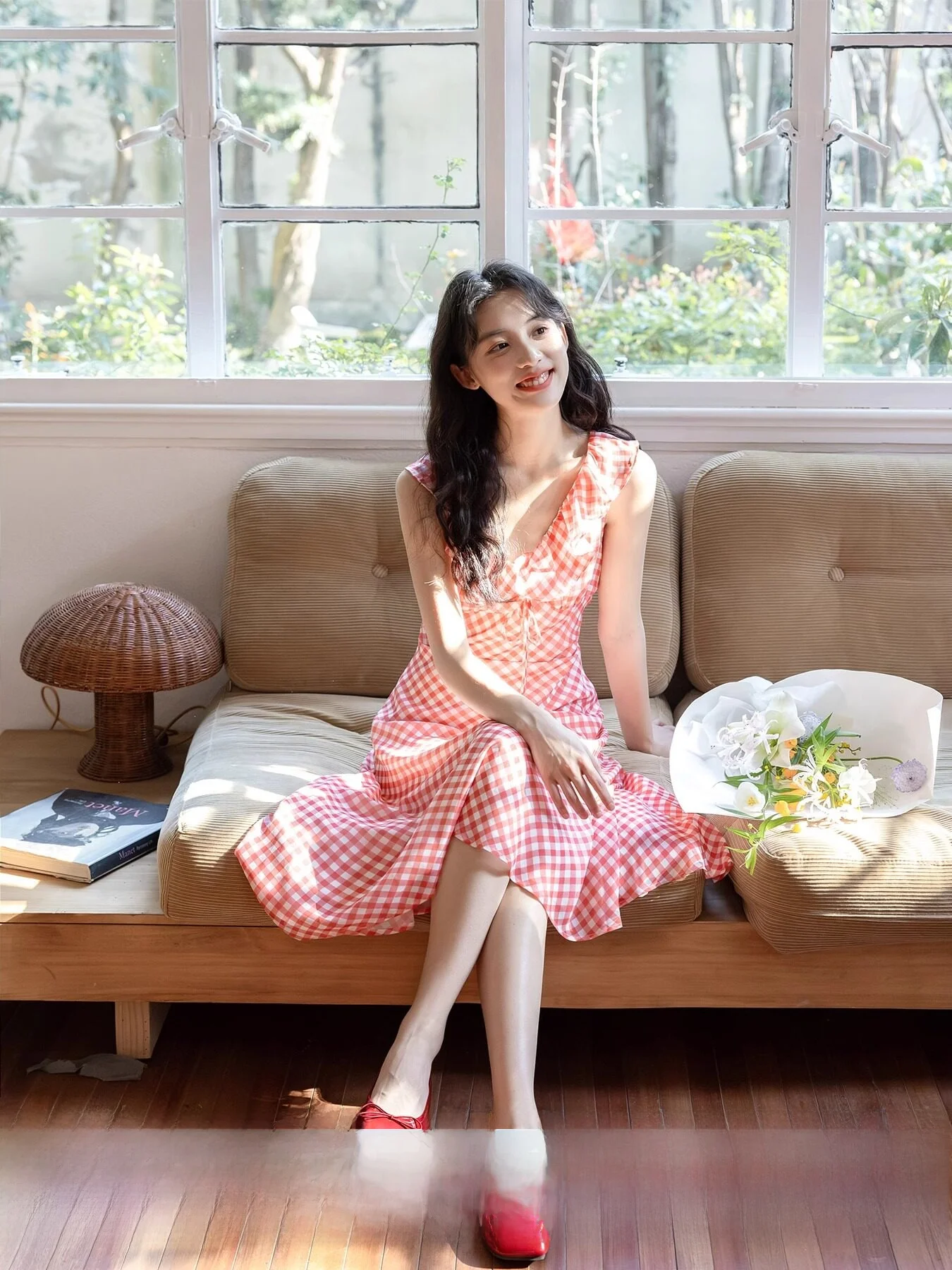 

Red Plaid Slim Fit Dress Sweet Style Spring Summer Women's Fashionable Skirt City Commute A-Line Skirt V-Neck Sleeveless