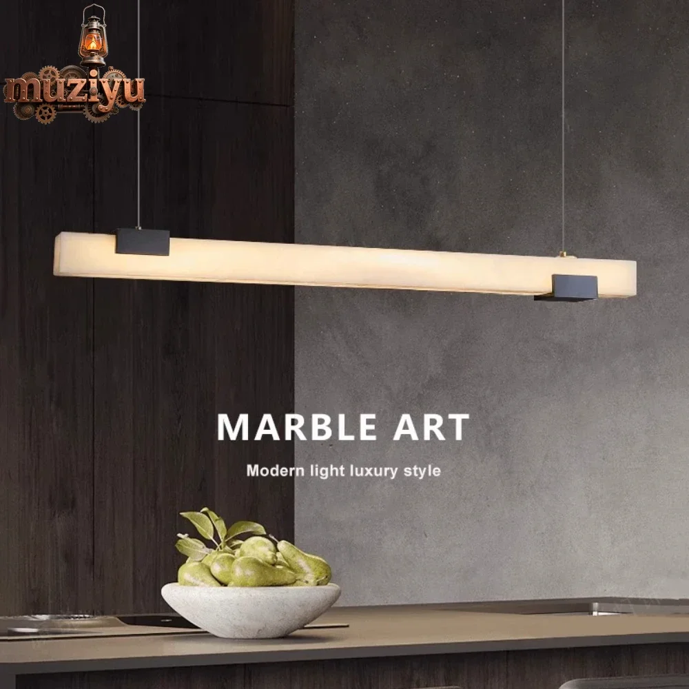 

Muziyu Spanish Natural Marble Chandelier Luxury Restaurant Living Room Front Desk Designer LED All Copper Long Rectangle Pendant