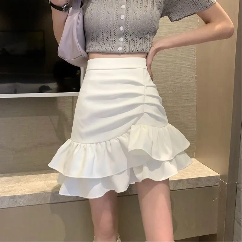 2023 New Summer Fashion Exquisite High Waist Pleated Covering Stomach Slim Irregular Ruffle Edge Versatile Style Fishtail Skirt