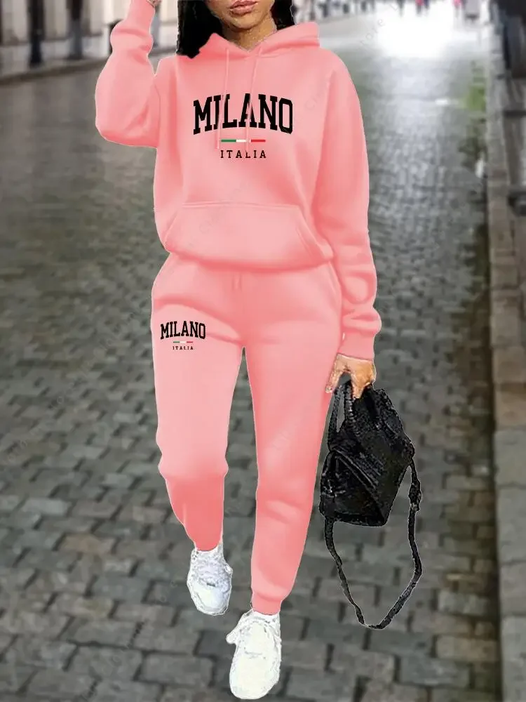 MILANO Hosen-Sets für Damenbekleidung, hochwertiges Sweatshirt, Jogginghose, Kapuzenpullover, 2-teiliges Herbst-Winter-Outfit, Damen-Trainingsanzug