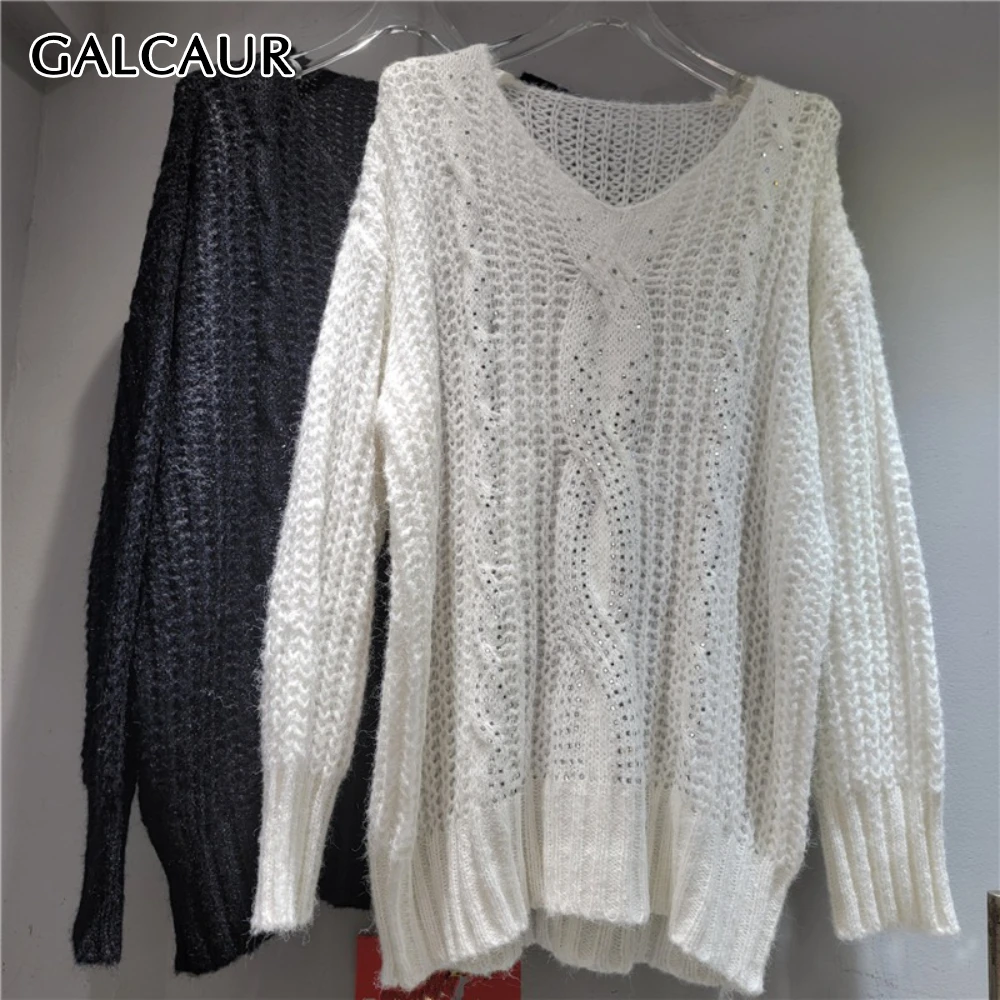 

GALCAUR Solid Spliced Hollow Out Sweater Female V Neck Long Sleeve Loose Patchwork Diamond Casual Women's Sweaters Style Fashion