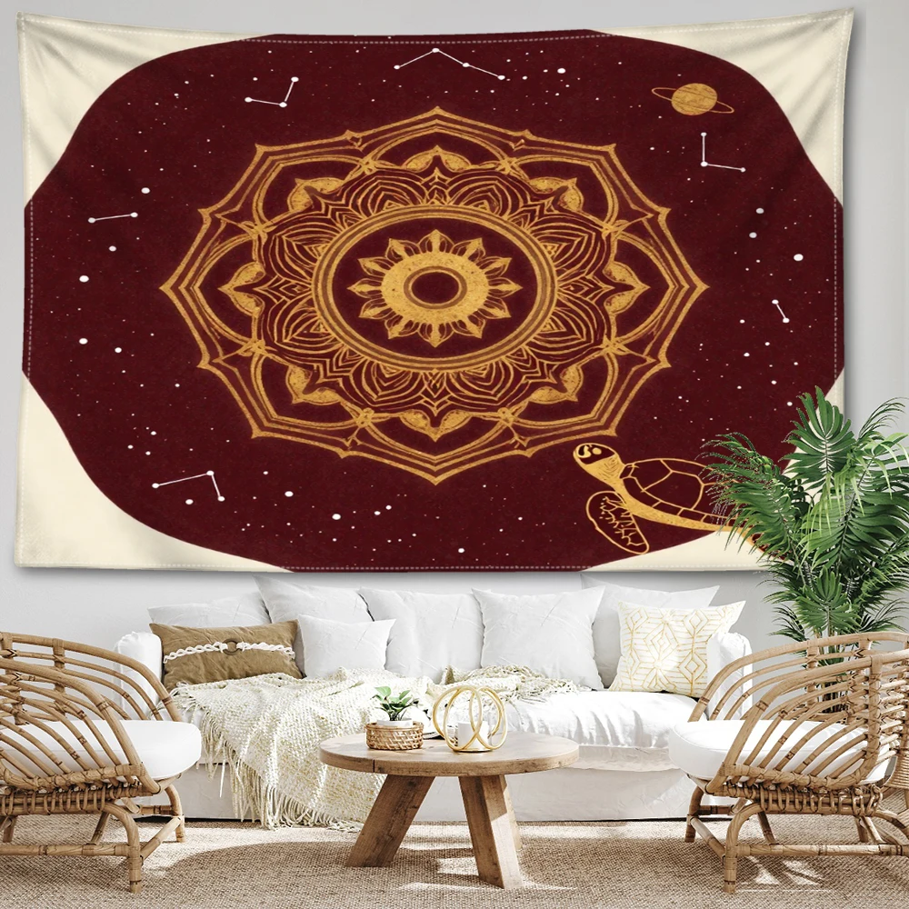 Deep Purple Mandala Turtle Constellation Planet Wall Tapestry, Mystic Boho Decor