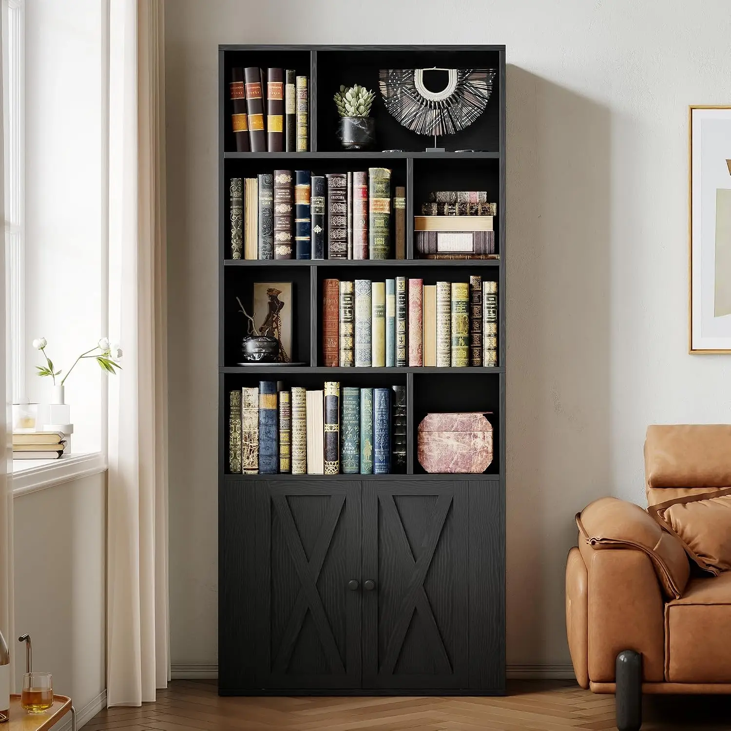 4-Tier Bookcase with Doors Tall Storage Shelf 8 Open Cubes Display Cabinet Living Room Office, Customized