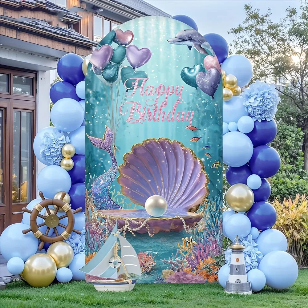 

Mermaid Girl Happy Birthday Party Background Decor Under the Sea Dolphin Aquatic Plants Pearl Balloons Backdrop 2-sided Arch