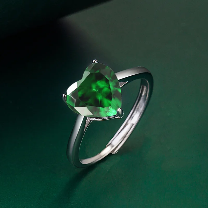 Simulated Nano Emerald 925 Sterling Silver Heart Ring Adjustable for Woman Green Gemstone Fine Jewelry Wedding Gift