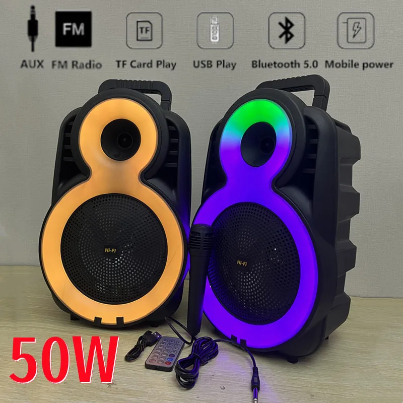 High-power Outdoor Speaker LED Trolley Case Portable FM Radio Bluetooth Boombox with Wired Microphone Household Karaoke Soundbar