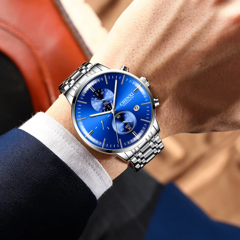 

CHENXI Watch Men Blue Watches Luminous Hands Stainless Steel Band Chronograph Quartz Wristwatches Men Casual Business Watches