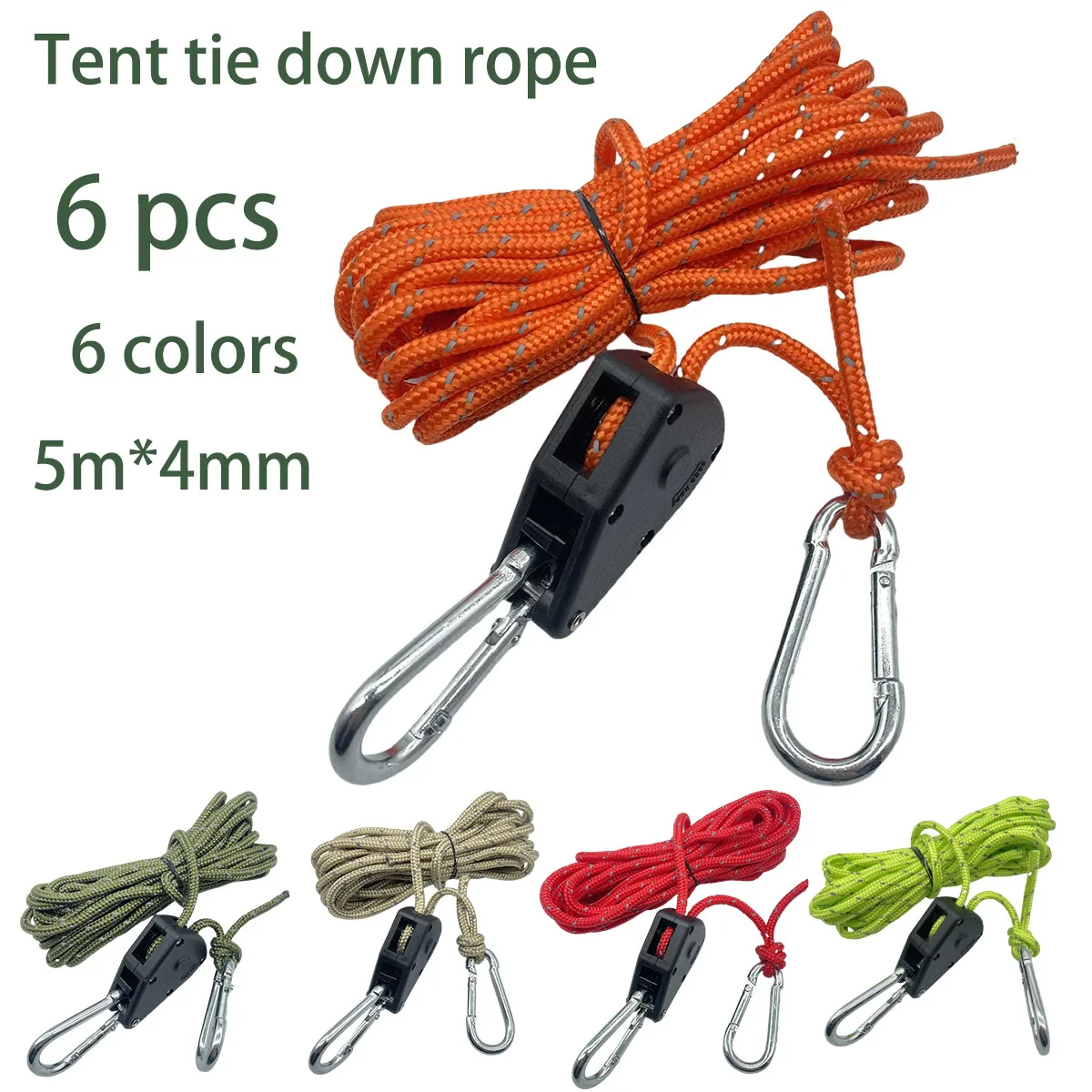 6pcs Reflective Camping Tent Rope Tie Down Fastener Fixed Buckle Pulley Tensioner Ratchet Hangers Awning Wind Rope