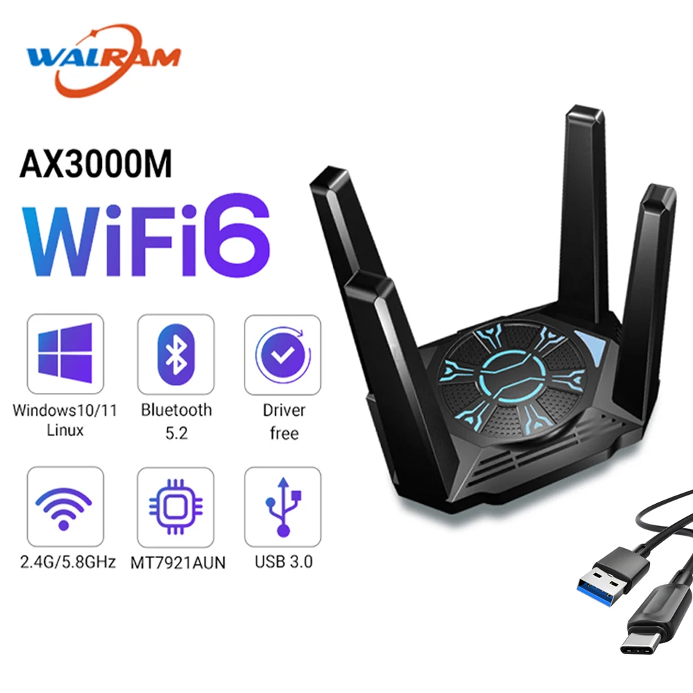 

WALRAM 3000 Мбит/с WiFi 6E USB WIFI6e адаптер USB3.0 BT 5.2 двухдиапазонный 2,4 ГГц/5,8 ГГц Wi-Fi сетевая карта приемник ключ для Win10/11