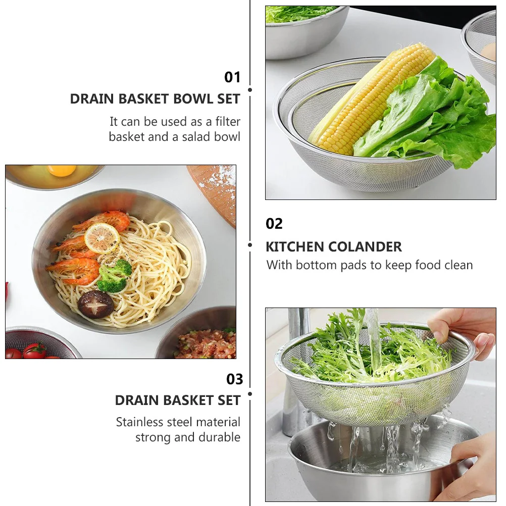 

Stainless Steel Drain Basket Bowl Set Kitchen Colander For Rice Washing Salad Strainer Filter Tool Kit