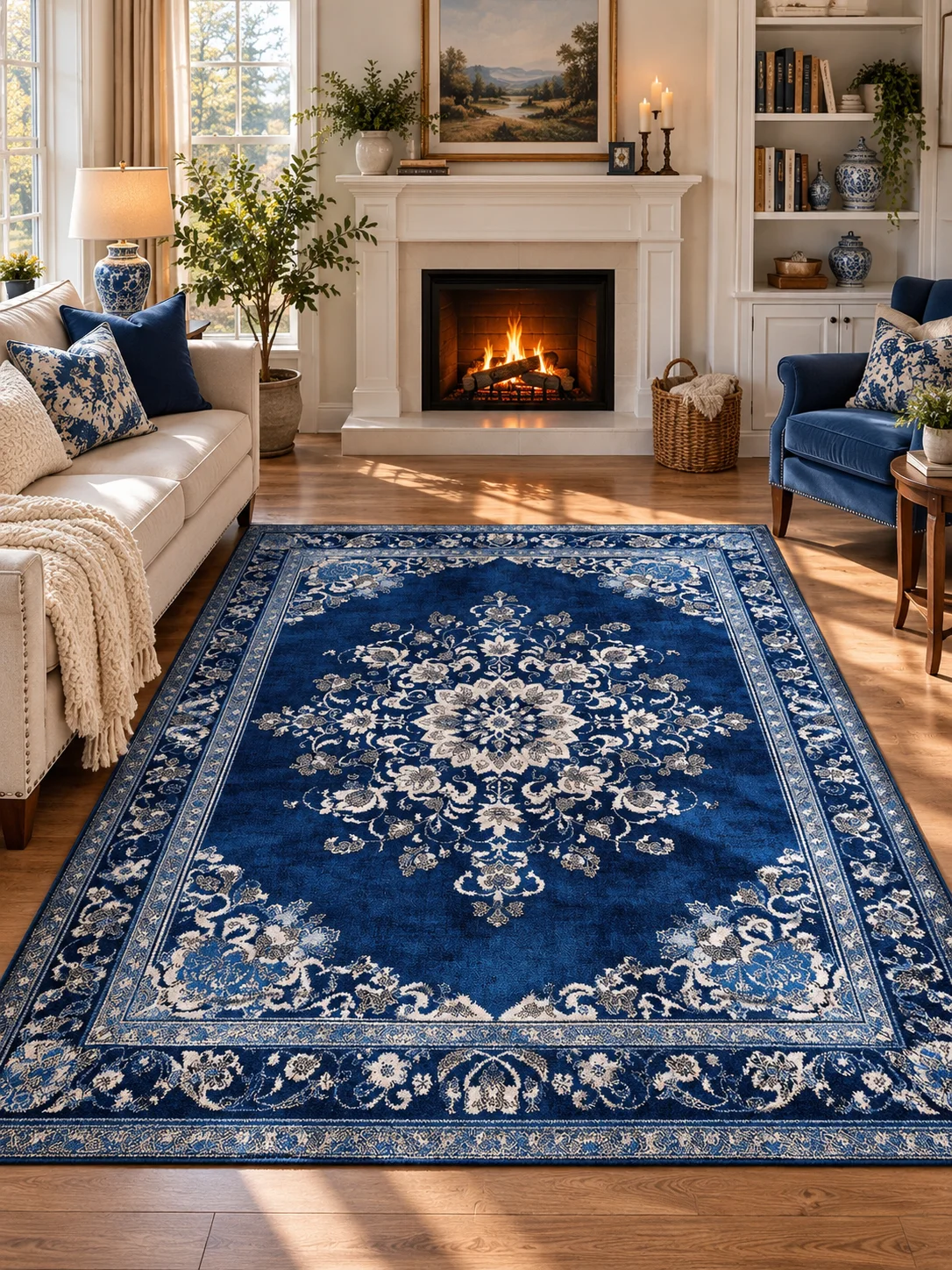 Vintage Blue Persian Area Rug, Elegant Navy Blue and White Floral Medallion Pattern, Soft Flannel Floor Carpet, Classic Oriental Inspired Decorative Rug, Timeless Sophisticated Home Decor for Living Room, Bedroom, Dining Room and Entryway