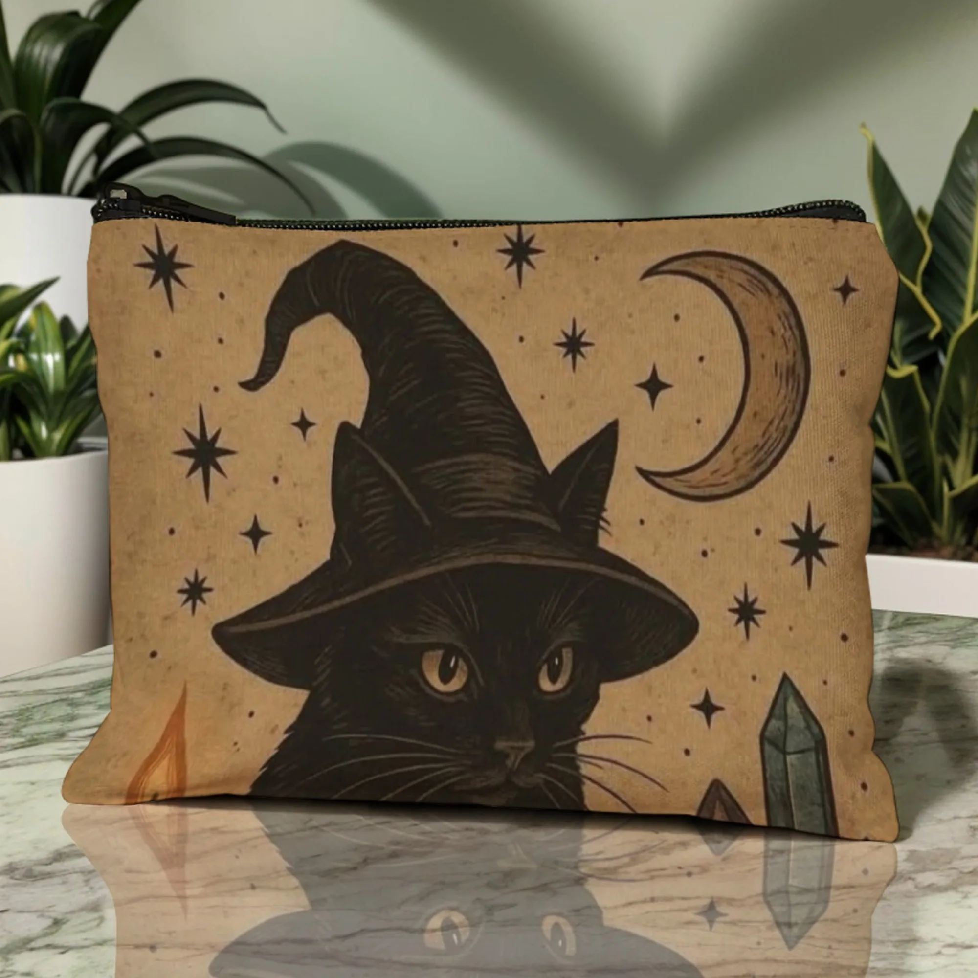 Vintage Witchy Black Cat Cosmetic Bag Occult Design with Wizard Hat Moon Stars Crystals & Flames Mystical Retro Makeup Pouch