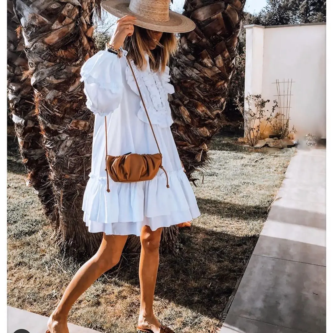 Female Fashion White Sexy Ruffle A-Line Party Dress Lantern Long Sleeve Dress Autumn Women Elegant Neck Button Loose Mini Dress