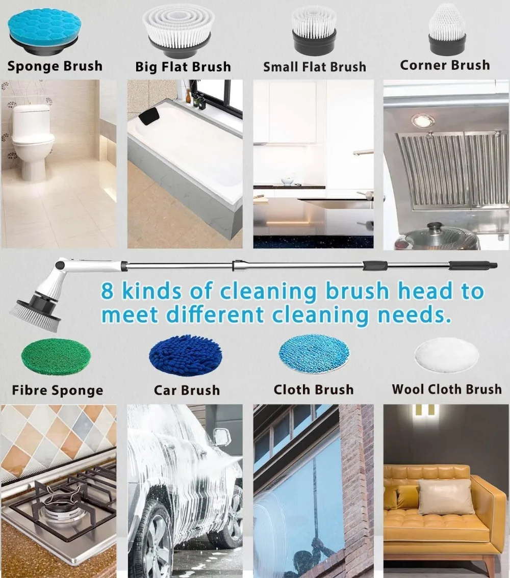 Purificador giratório elétrico sem fio 8 em 1, escova de limpeza recarregável com 8 cabeças para banheira de azulejos de banheiro