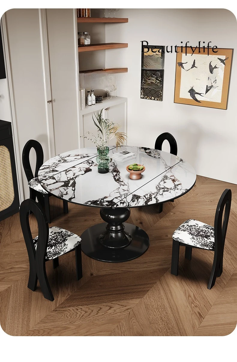 French retro marble rotating dining table variable round table solid wood retractable dining table chair designer