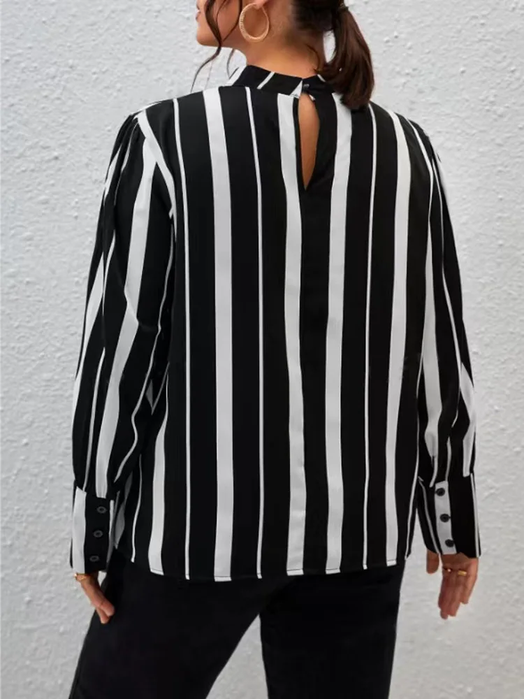 GIBSIE Plus Size Black And White Striped Shirt Tops Women Spring Autumn Stand Collar Long Sleeve Office Ladies Casual Blouses