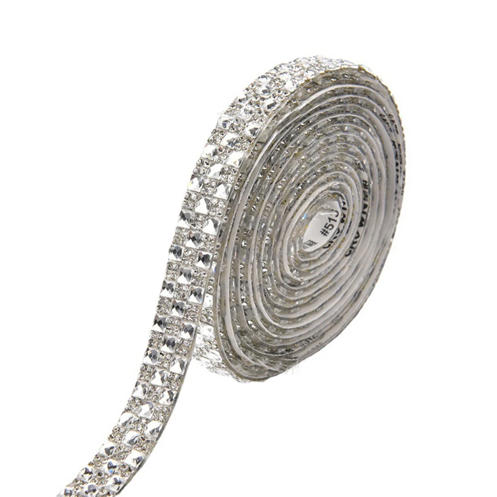 4 มม.สามแถว Self กาวคริสตัล Rhinestone ริบบิ้น DIY Glitter รถบ้านตกแต่งของขวัญงานแต่งงาน Trim สติกเกอร์