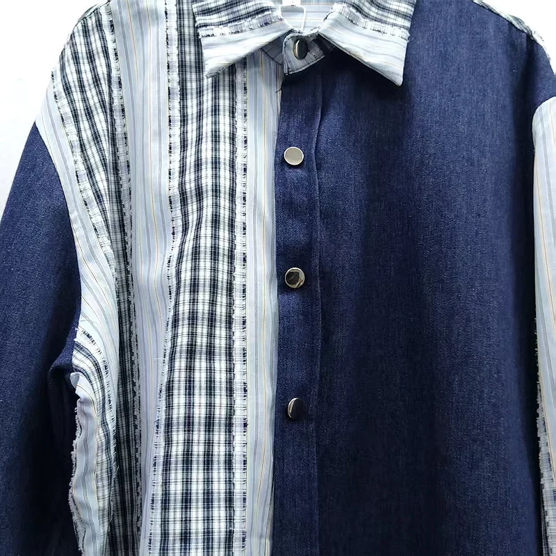 

Осень 2023, новая клетчатая лоскутная джинсовая рубашка с цветными блоками, нишевый дизайн, свободная универсальная рубашка с длинными рукавами