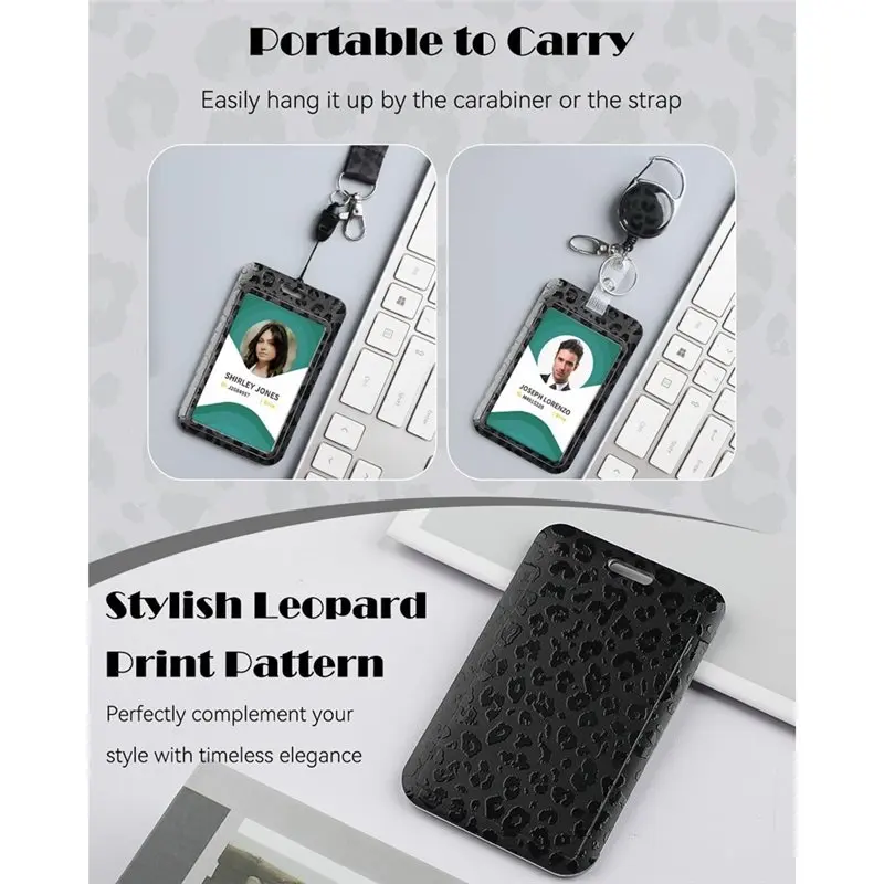 Fashionable Sliding Badge Holder Black Leopard Print With Retractable Carabiner Clip, Detachable Lanyard Strap