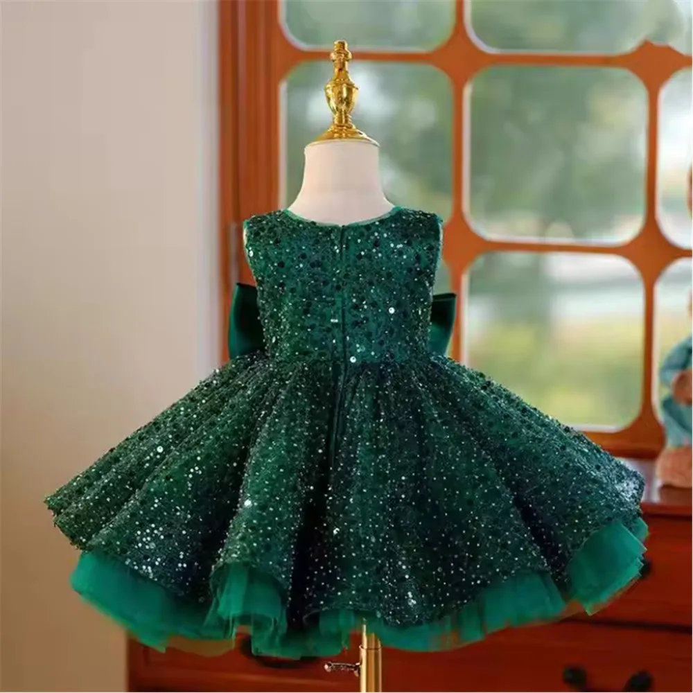 Sparkly lovertjes bloemenmeisje trouwjurk mouwloos met strik prinses verjaardagsfeestje jurk kinderen heilige communie jurk aangepast