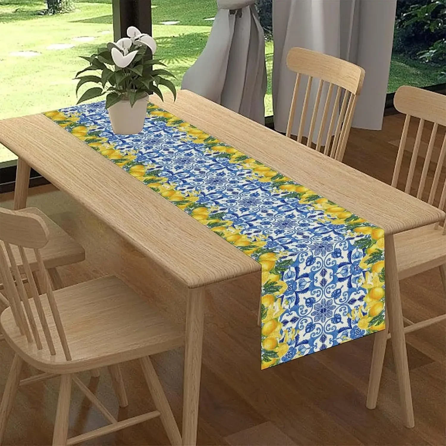 1Pc Mediterranean Style Table Runner Blue And Yellow Lemon And Floral Tile Print Table Cover For Dining Table Kitchen Party Wedd