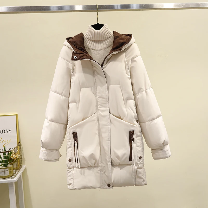 2025 Women\'s Winter Down Cotton Coat Mid-Length New Slim Chic Padded Jacket Thick Warm Parkas Hooded Vintage Outerwear Female