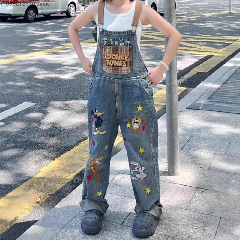 Disney Donald Duck Fashion Design American Denim Overalls Women's New Cute Cartoon Printed Lazy Style Loose Wide Leg Pants Jeans