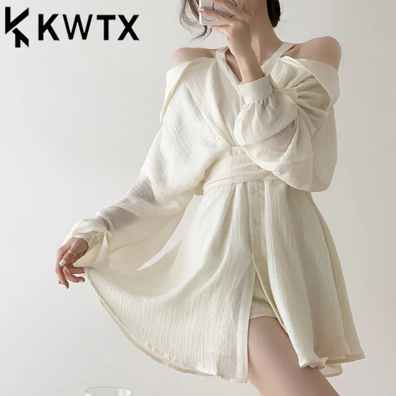 

KWTX 2025 SS White Shirt Dress & Leggings 2Pc Set Off Shoulder Halter Neck Sexy Waist Tie Y2K Retro Chic Streetwear Elegant