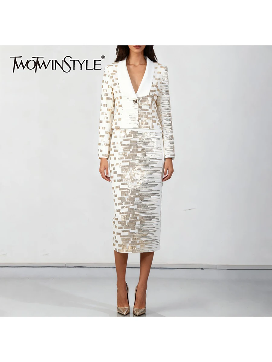 

TWOTWINSTYLE Утягивающие комплекты из двух предметов с блестками для женщин, туника с лацканами и длинными рукавами, топ, юбка с высокой талией, модный комплект, женский