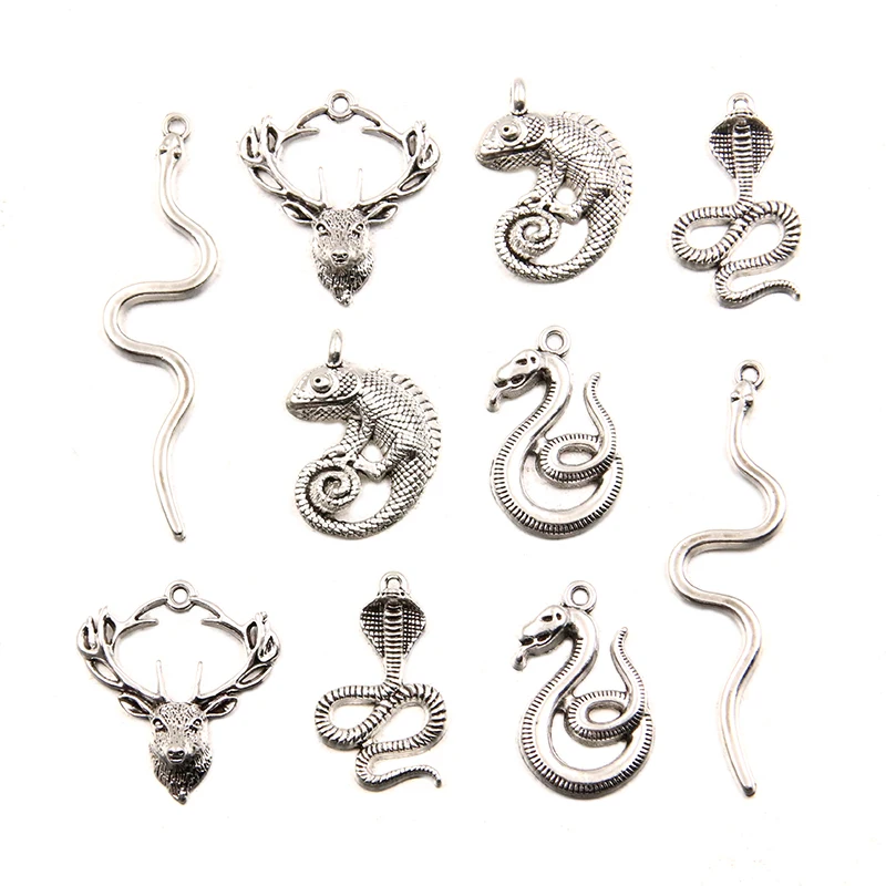 10PCS 7 Styles Mixed Alloy Antique Snake Monkey Tiger Lizard Deer Charms For Jewelry Making DIY Handmade Animal Pendant