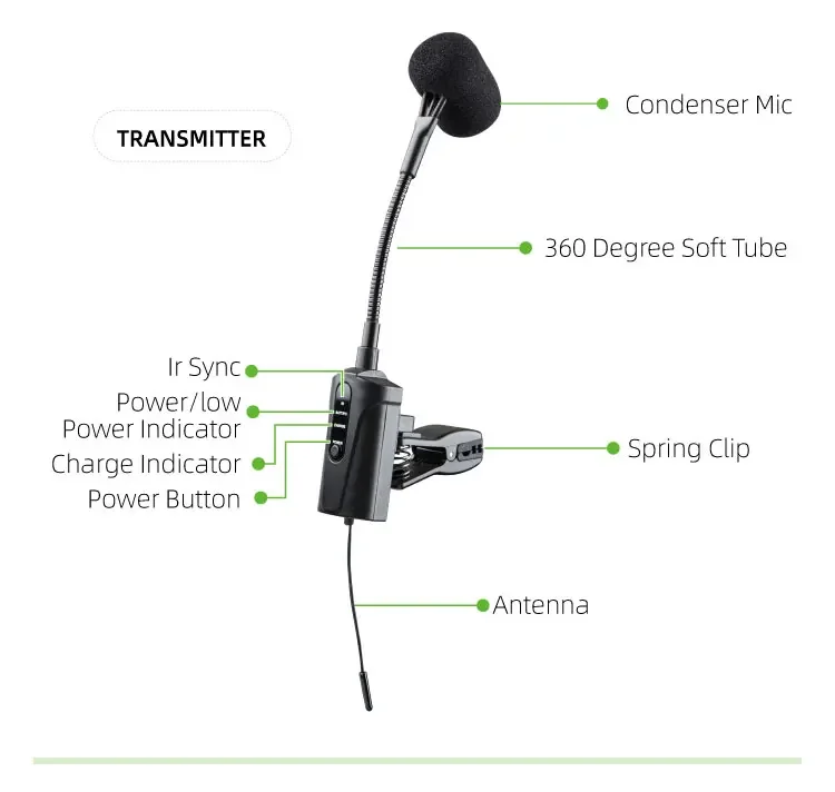 Instrumento de saxofón inalámbrico, sistema de micrófono de condensador UHF recargable profesional, el mejor micrófono de saxofón con clip a la venta