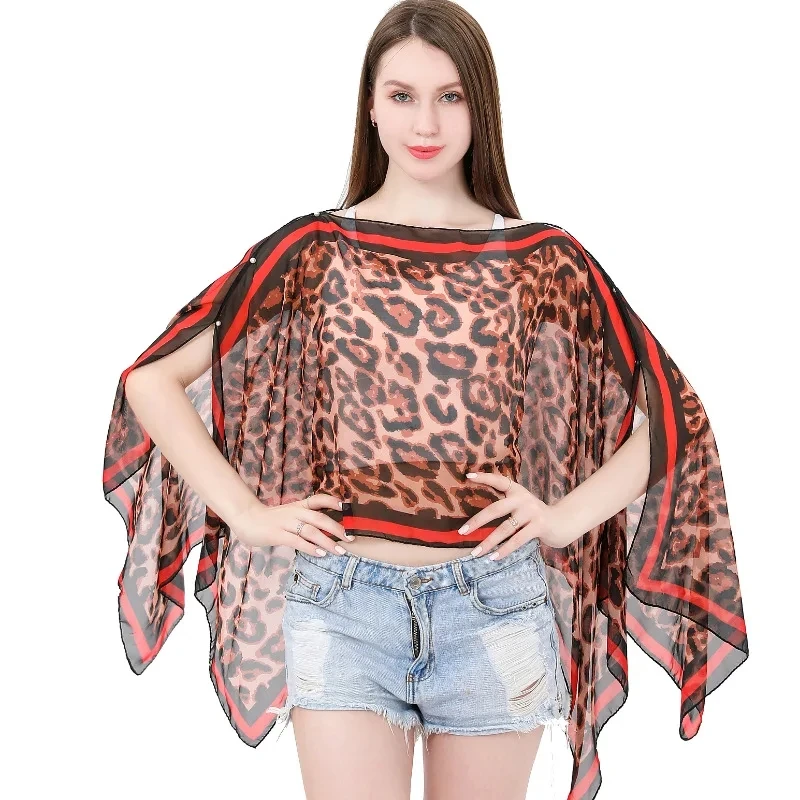 

New Summer Leopard Print Sunscreen Shawl Sunshade Print Sunscreen Shawl Imitation Silk Shawl Cloak Poncho Capes Red