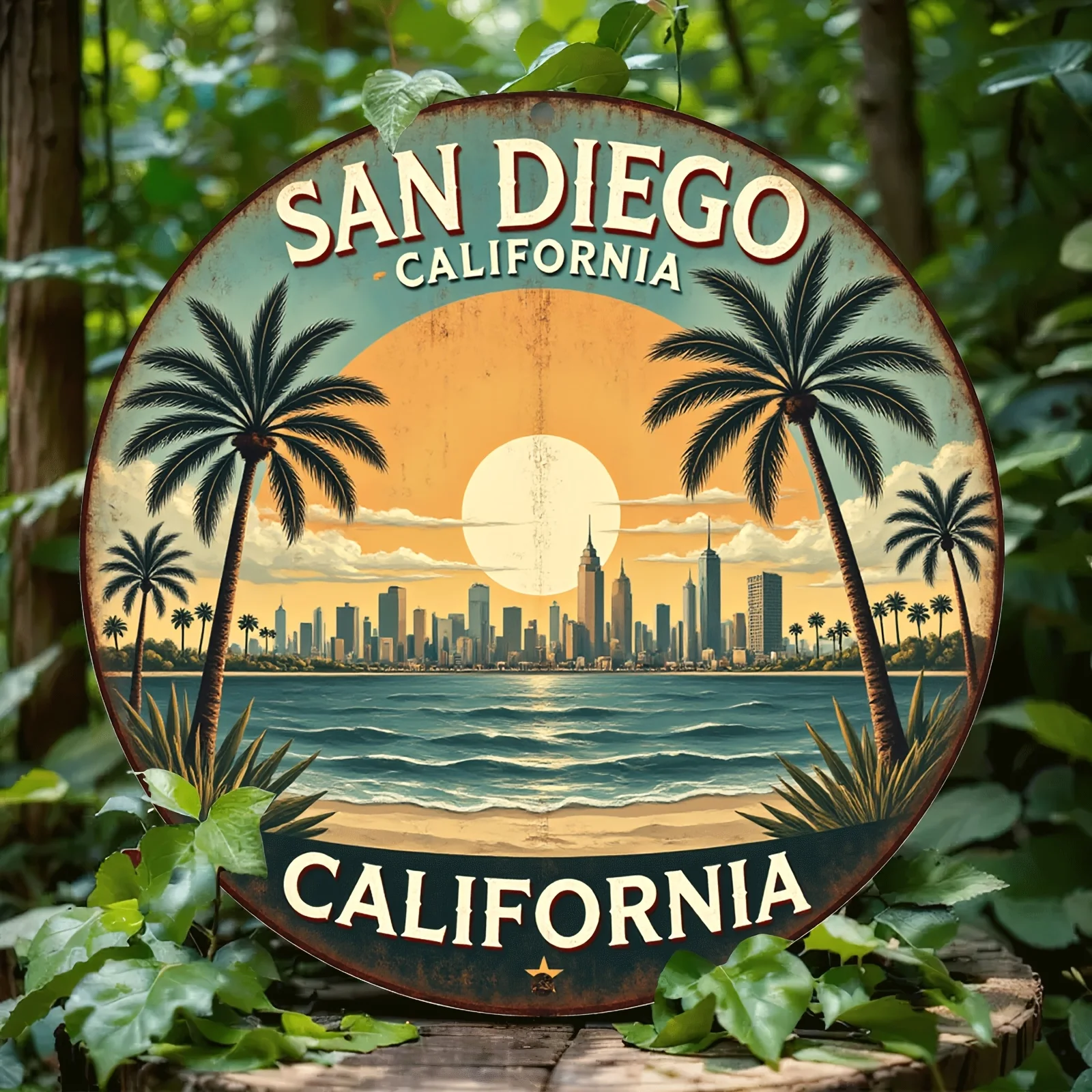 Vintage San Diego California Skyline Wall Art - Aluminum Metal Sign with Palm Trees & Sunset View, Circular Retro Beach Decor fo