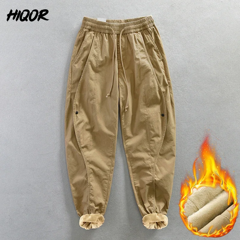 HIQOR Winter 100% Cotton Fleece Cargo Pants Men's New In Thick Warm Soft Baggy Pants Man Fashion Jogger Streetwear Male Trousers