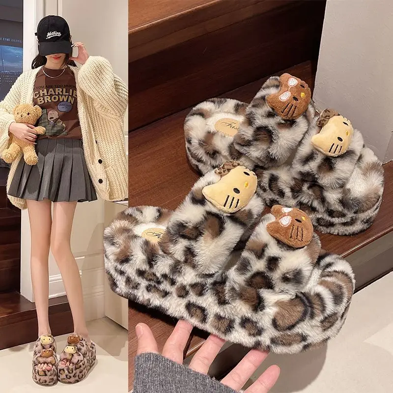 

Kawaii Hello Kitty Sanrio Keep Warm Cute Furry Slippers Autumn Winter Wear Shoes Outside Students Christmas Gift for Girls