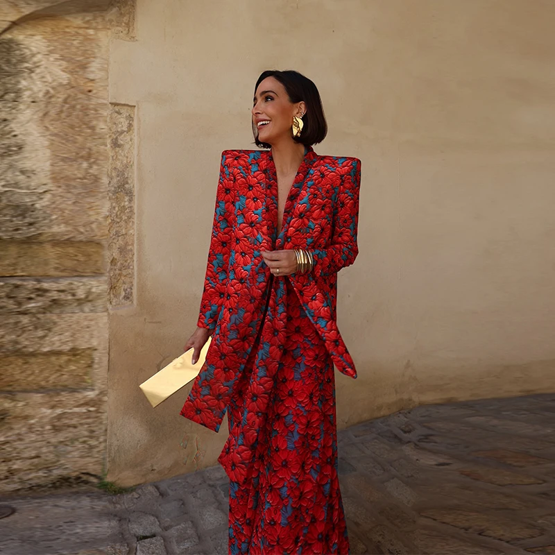 Modisches Damen-Blazer-Set mit Print, 2026, Langarm, Gürtel, V-Ausschnitt, Tailliert, Schlanke Damenjacke, Weite Hose, 2-teiliges Set – Detail 19