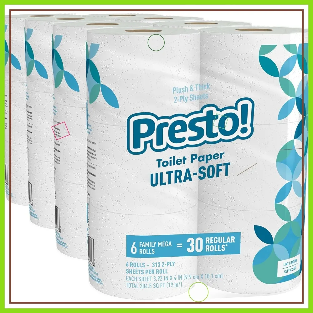 

Ультрамягкая двухслойная туалетная бумага, 24 мегарулона = 120 обычных рулонов, без запаха, упаковка из 4 штук для семейного использования