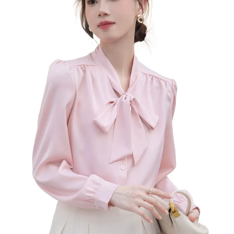 Women Clothing Elegant Long Sleeve Chiffon Shirt Summer Fashion Casual Bow Button White Blouses Office Lady Chic Solid Loose Top