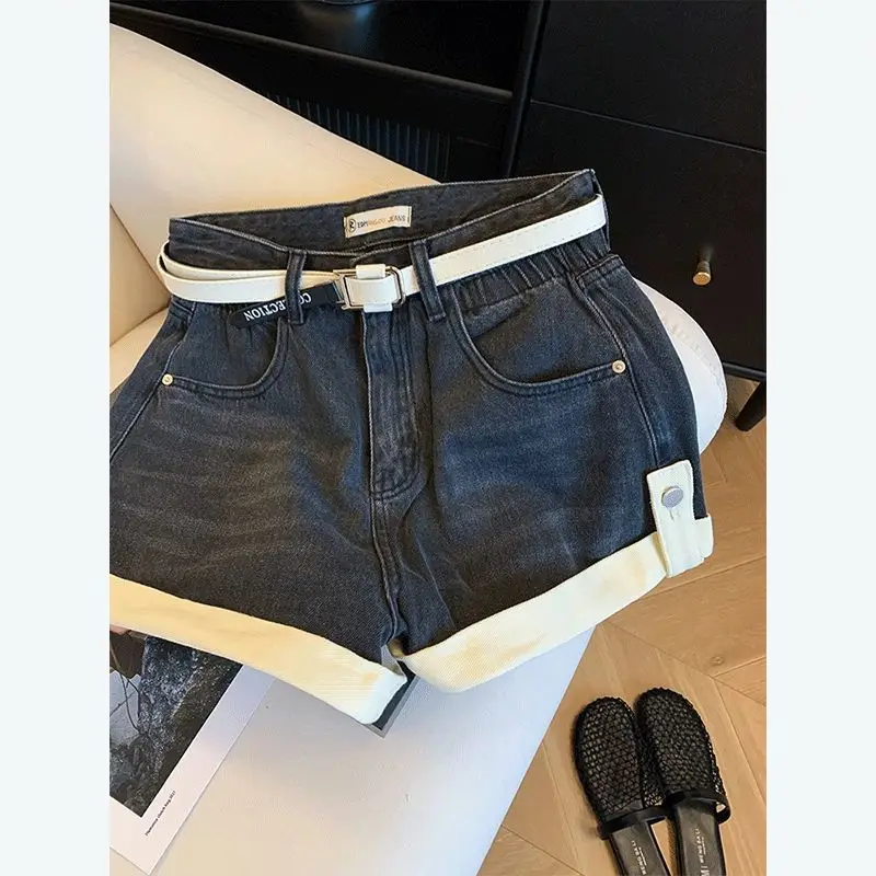 Black A-word crimped denim shorts women's summer 2025 Spice Girls hot pants loose and thin high-waisted pants