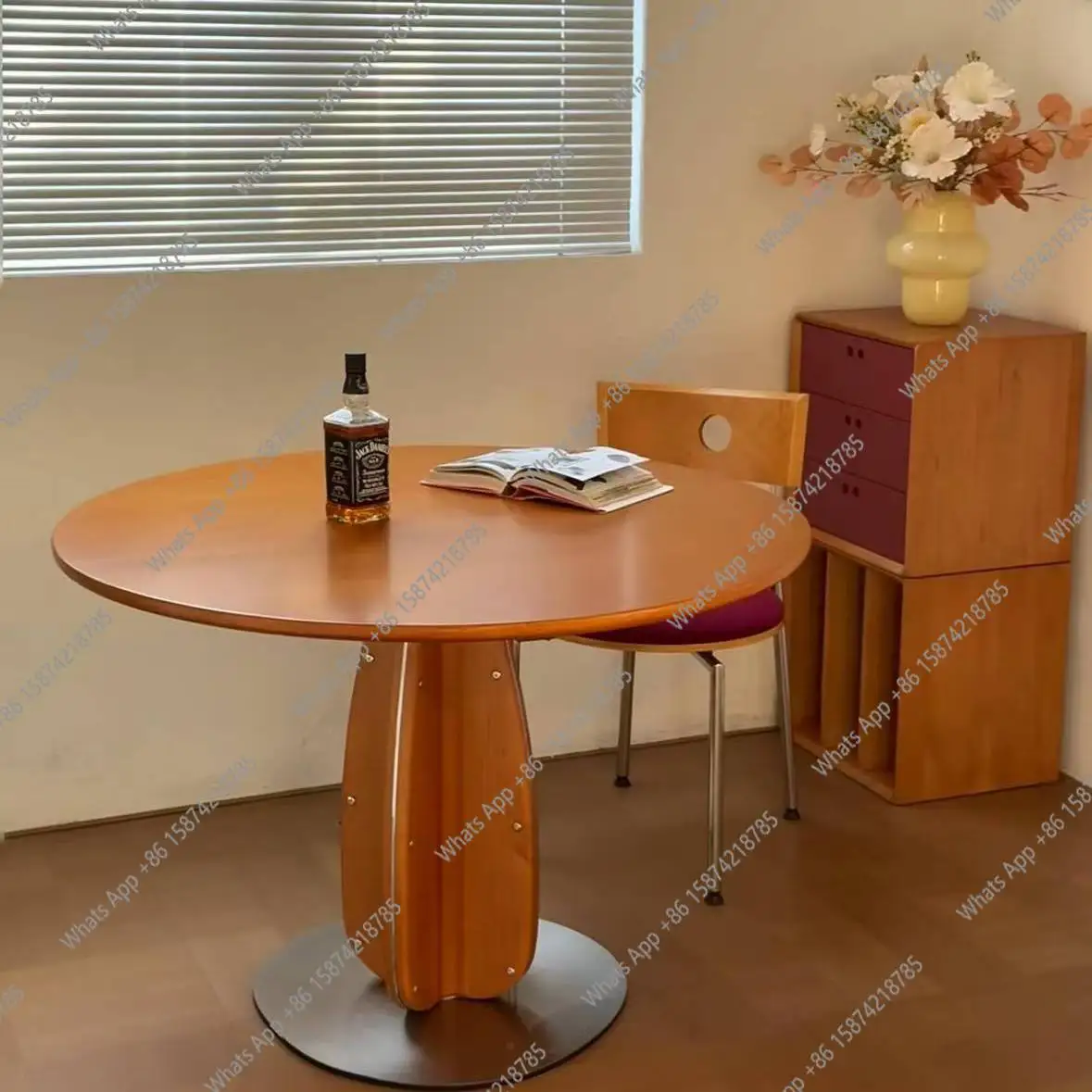 

Medieval French retro style solid wood dining table and chair combination simple home modern simple walnut color round