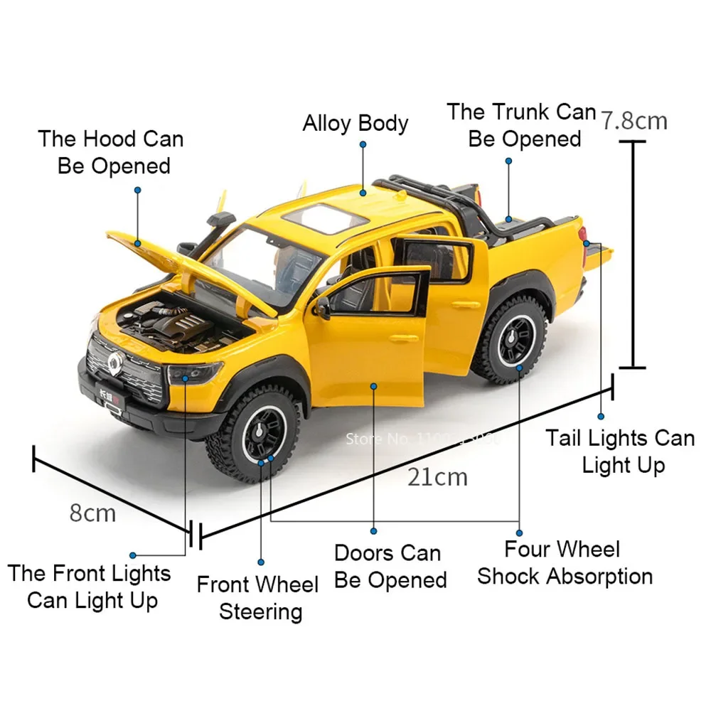 1:24 Great Wall POER Model Car Toy Wheel Steering Miniature Off Road with Light Music Miniature Pickup Truck Boys Collection Fun