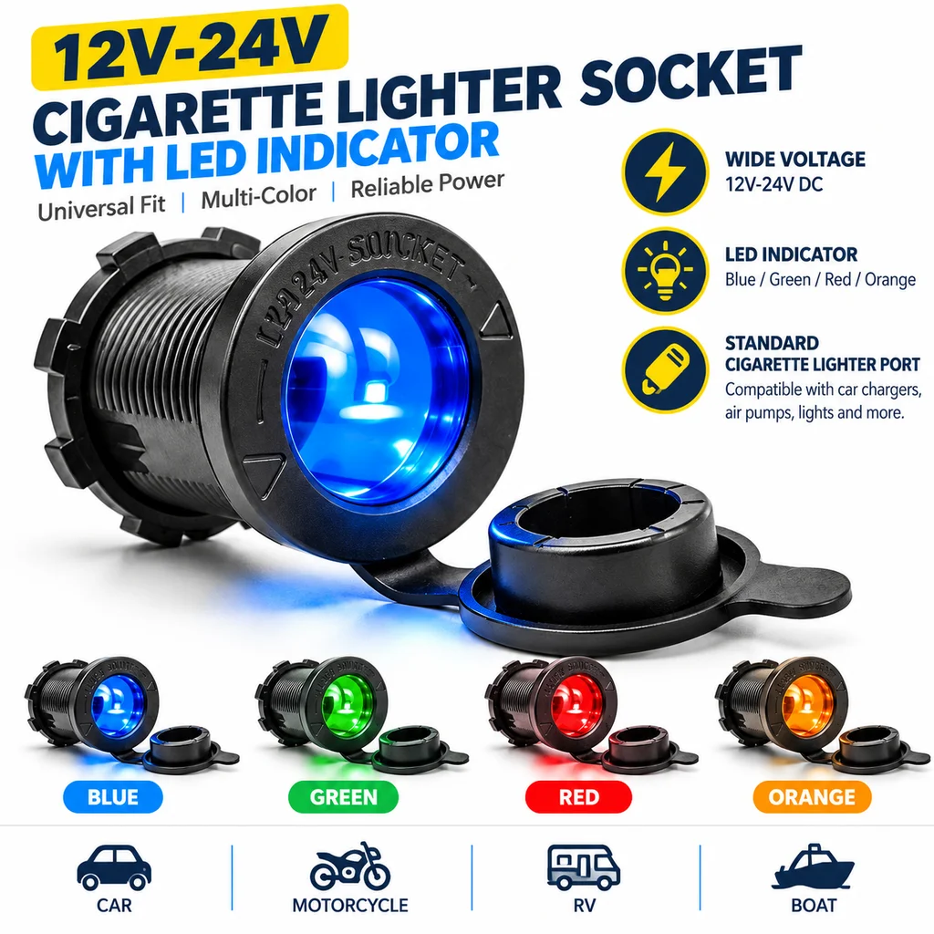 Car Cigarette Lighter Socket 12V-24V Waterproof Plug Power Outlet Adapter for Marine Boat Motorcycle Truck RV ATV with Wire