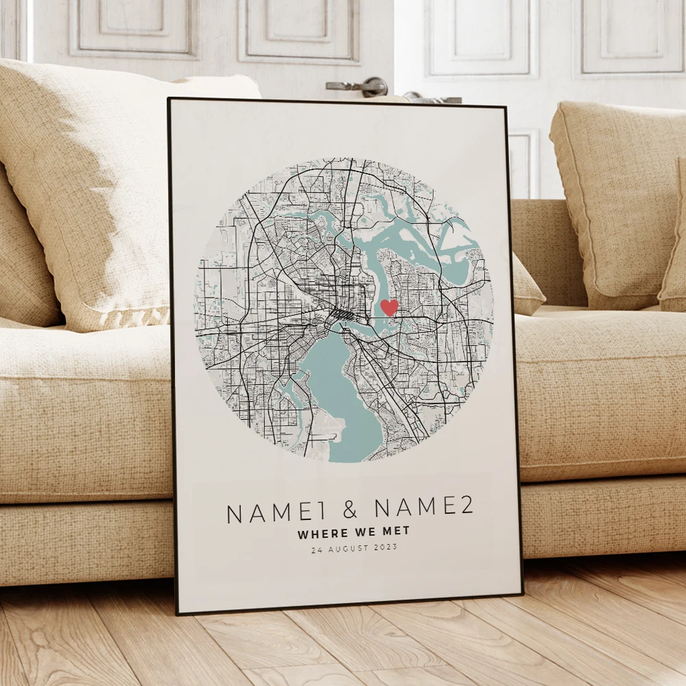 Modern Personalization Custom City Map Couple Anniversary Where We Met Wall Art Framed Print Picture Living Room Home Decor Gift