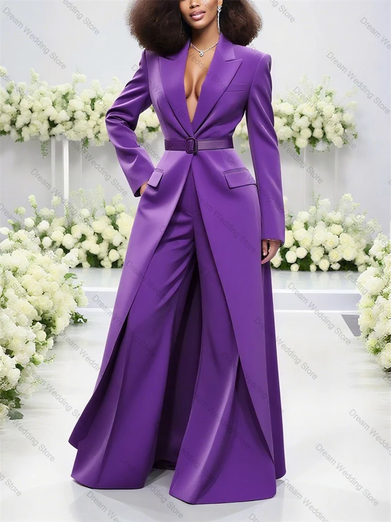 Purple Women Suit Set 2 Pcs Long Blazer+Pants Cotton Formal Office Lady Jacket Customized Wedding Tuxedos Prom Dress Coat