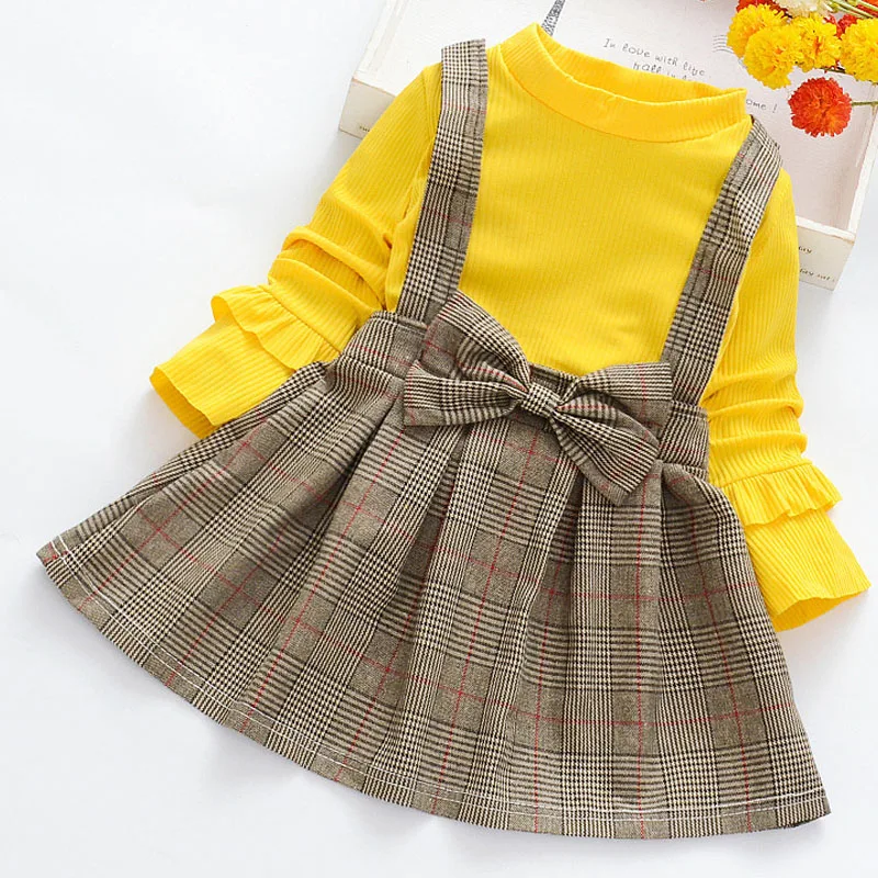 Fashion Kid Girl Dress Korean Style Princess Dresses Straps Bow Striped Dress Long Sleeve Knitted Fall Costume Baby Outfit A844